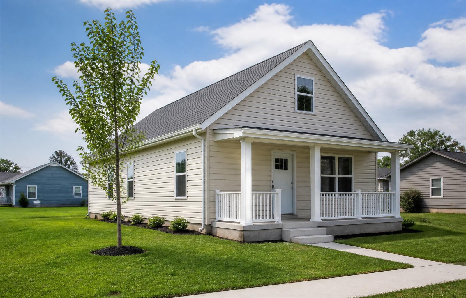 A completed modest single family home delivered through public land stewardship